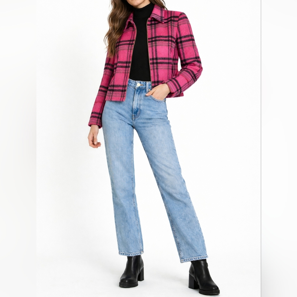 REQUIREMENTS Plaid Wool Zip Front Jacket | 10 | Pink Black Check | Retro Preppy